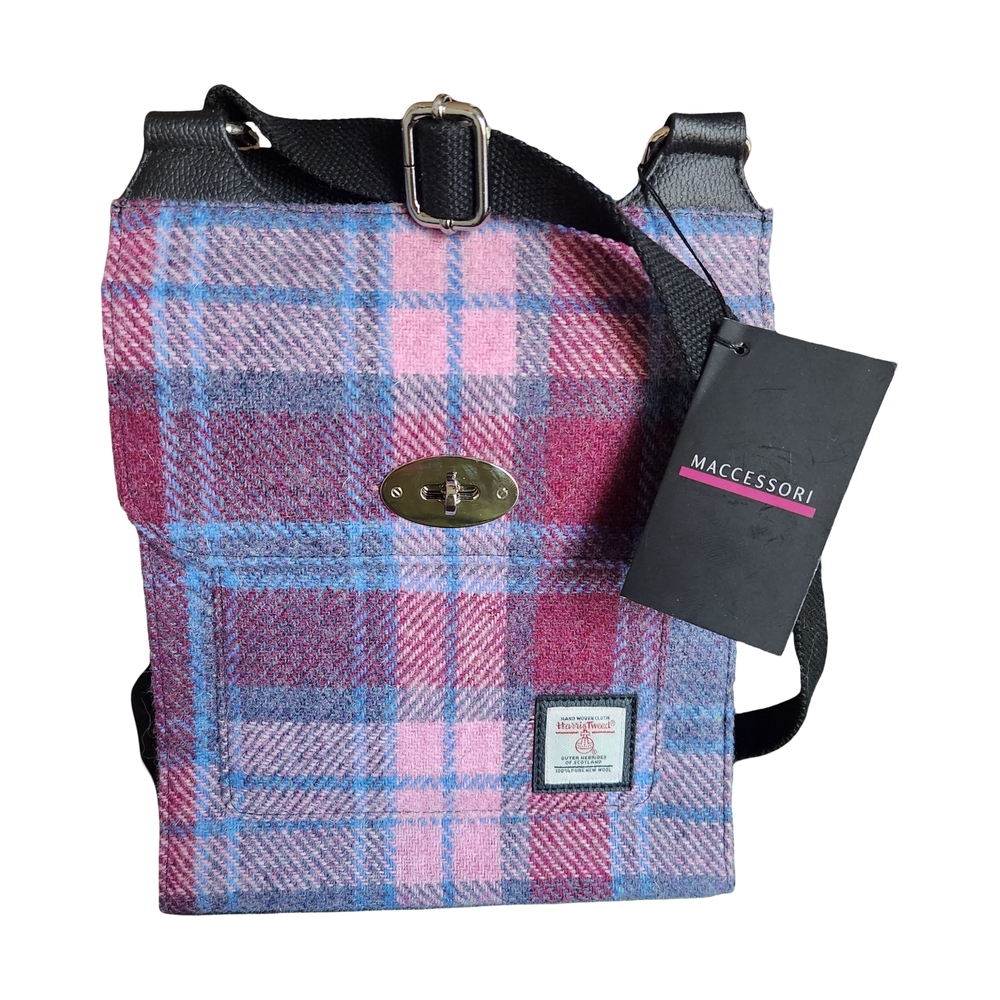 New with Tags Maccessori Harris Tweed Satchel Bag Pink and Blue Plaid Satchel